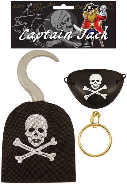 CHILDREN'S 3PC PIRATE FANCY DRESS ACCESSORIES PACK - HOOK, EARRING & EYEPATCH